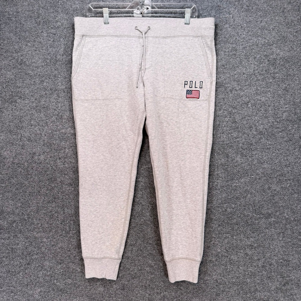 Polo Ralph Lauren Joggers Womens Medium Grey American Flag USA Sweatpants Fleece